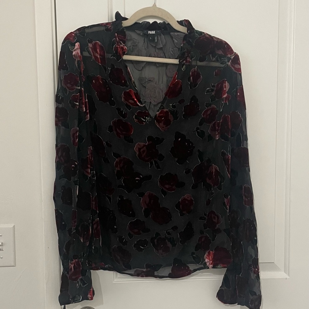PAIGE Women's Sheer Black and Red Floral Blouse